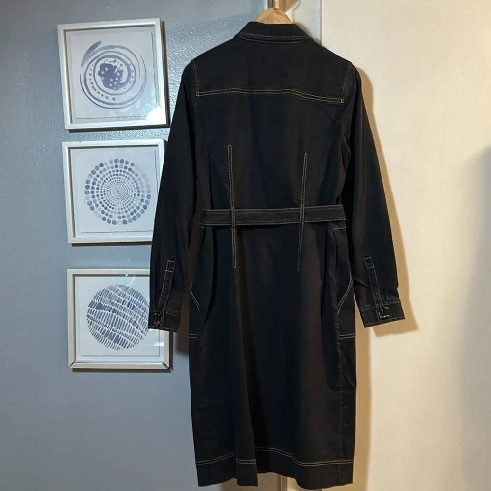Worth Black Denim Hidden Button Front Belted Long Sleeve Jean Coat Dress Size 8 - Picture 2 of 5